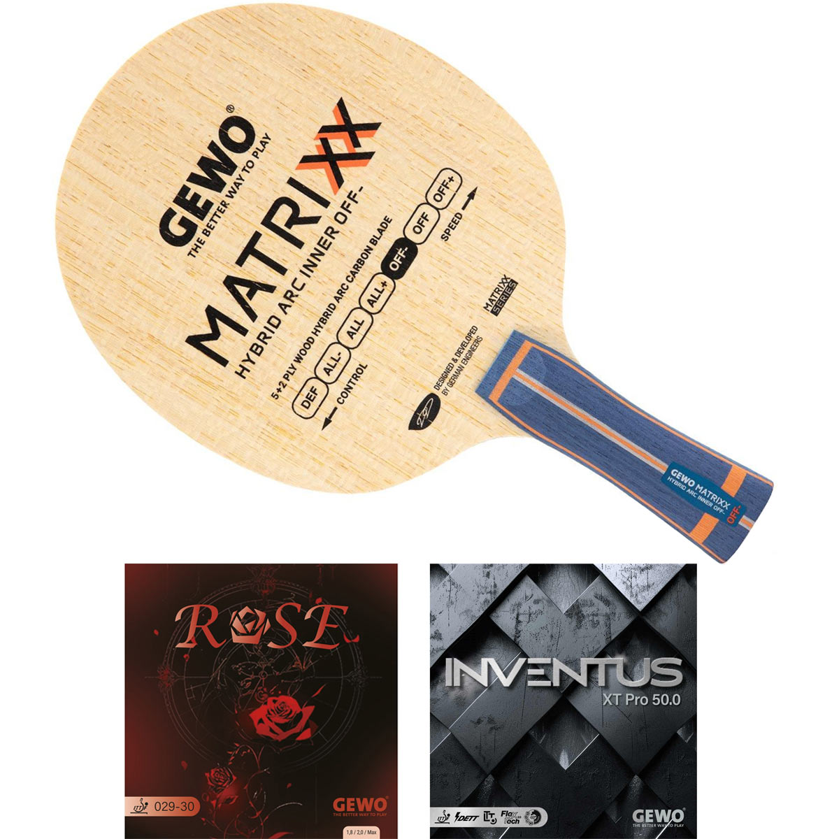 GEWO Schläger: Holz Matrixx Hybrid ARC Inner OFF-  mit Belag Rose + Inventus XT Pro 50.0