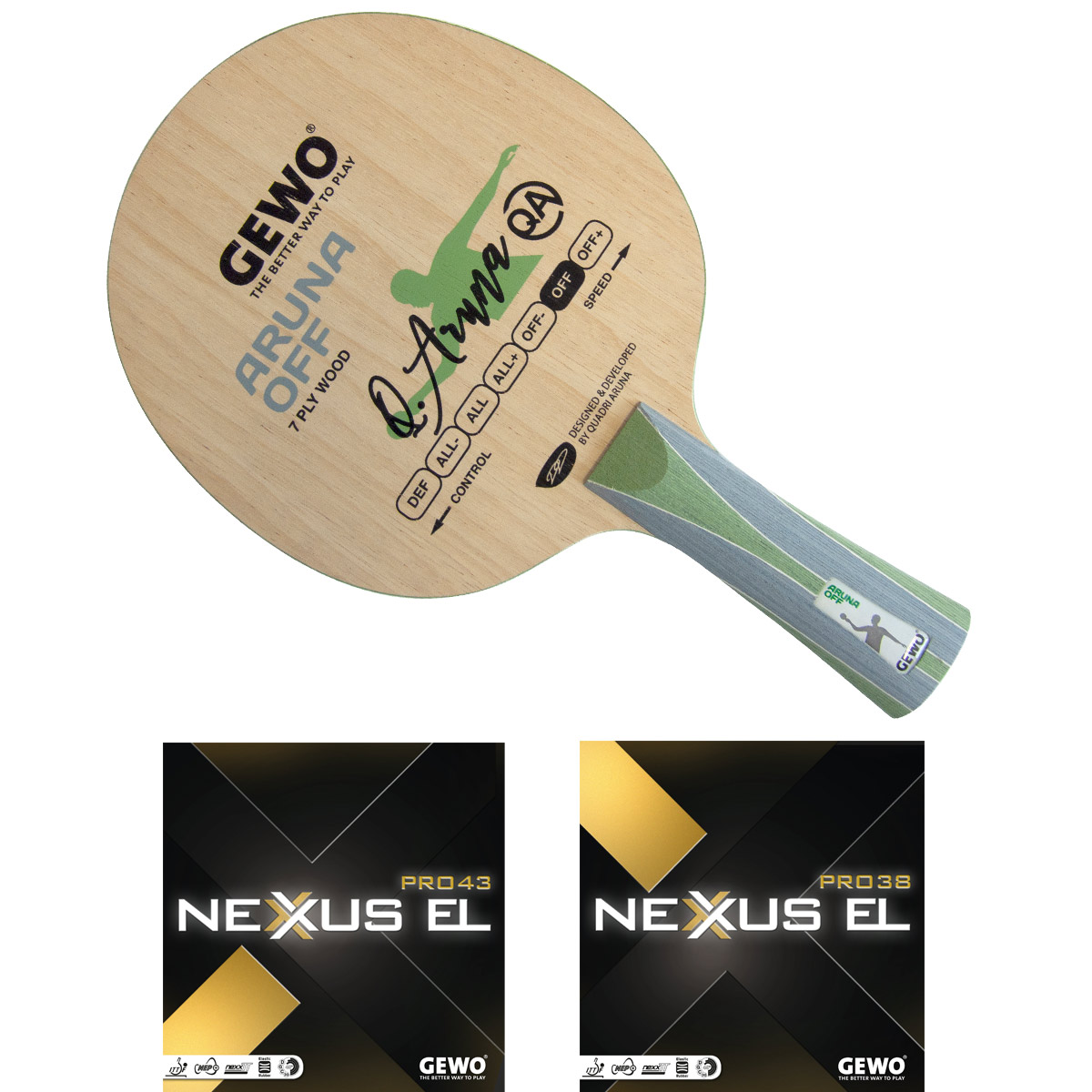 GEWO Schläger: Holz Aruna OFF mit Nexxus EL Pro 43 + Nexxus EL Pro 38  anatomisch